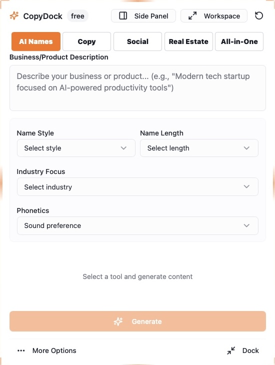 CopyDock floating widget view with tool selection and generate options
