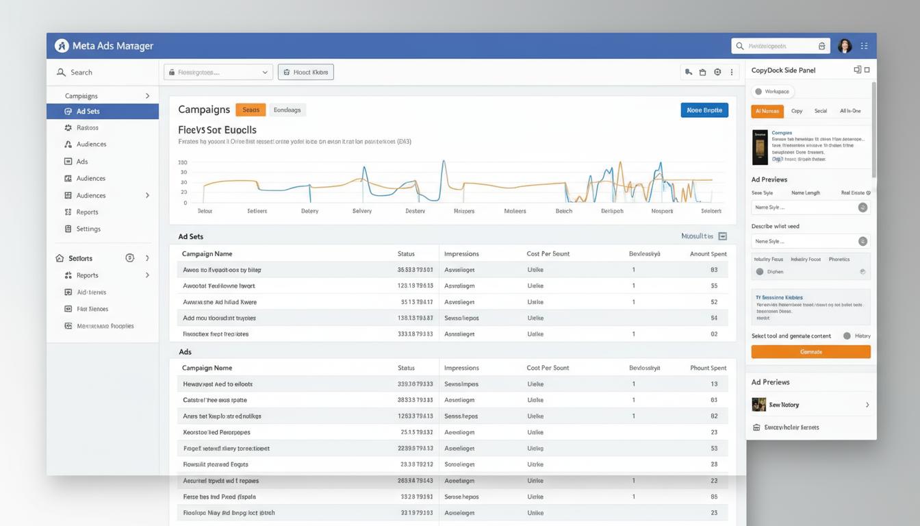 CopyDock floating widget in Meta Ads Manager showing ad copy creation and headline suggestions