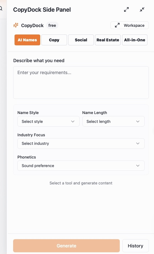 CopyDock side panel interface showing AI name generation tools with filters